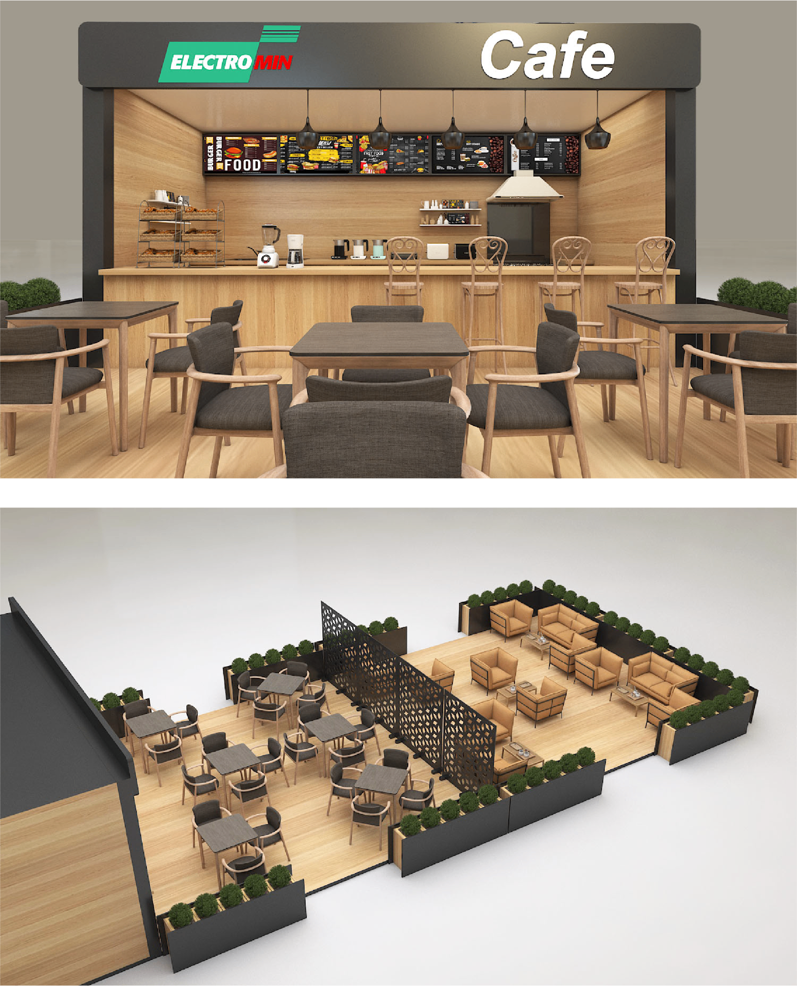 Petromin cafe experience render interior and seating layout